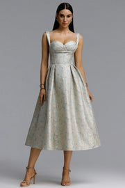 Dotty Elegant Contour Spaghetti Strap Sweetheart Jacquard Midi Dress